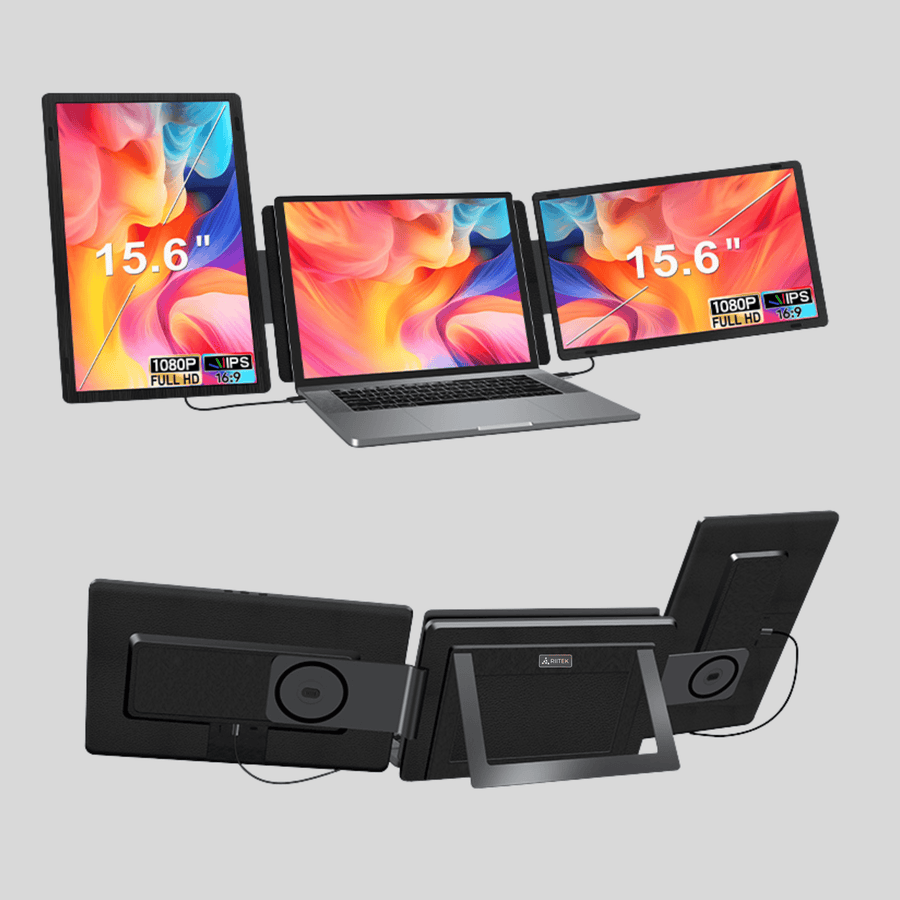 Front and back view of RIITEK 15.6 inch Tri Screen Monitor portable laptop screen extender with foldable design.