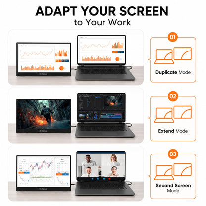 RIITEK portable monitor display modes showing duplicate mode extend mode and second screen mode for laptop