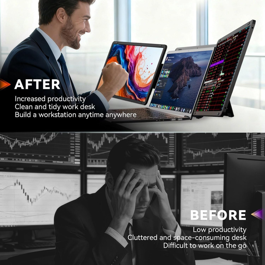 RIITEK 15.6 inch laptop screen extender showing before and after productivity with a portable tri screen monitor setup.