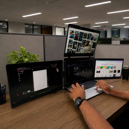 Professional using RIITEK 14 inch quad portable monitor for multitasking and productivity at office desk