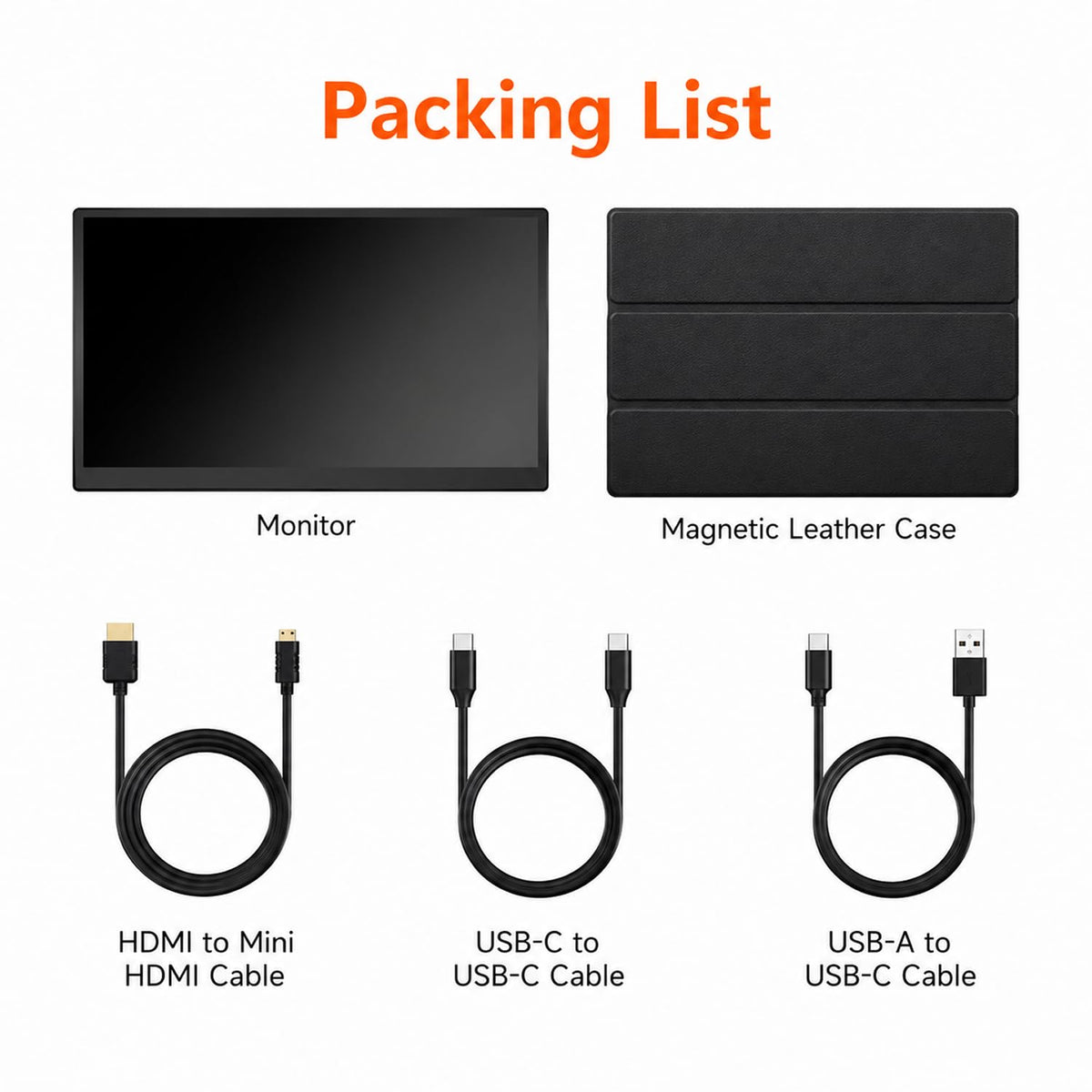RIITEK 15.6 inch touchscreen monitor packing list showing monitor magnetic leather case and USB-C HDMI cables