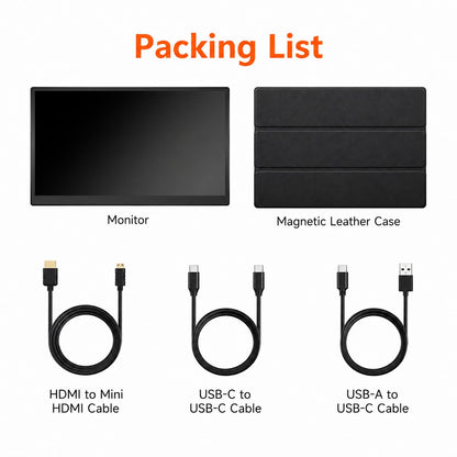 RIITEK 15.6 inch touchscreen monitor packing list showing monitor magnetic leather case and USB-C HDMI cables