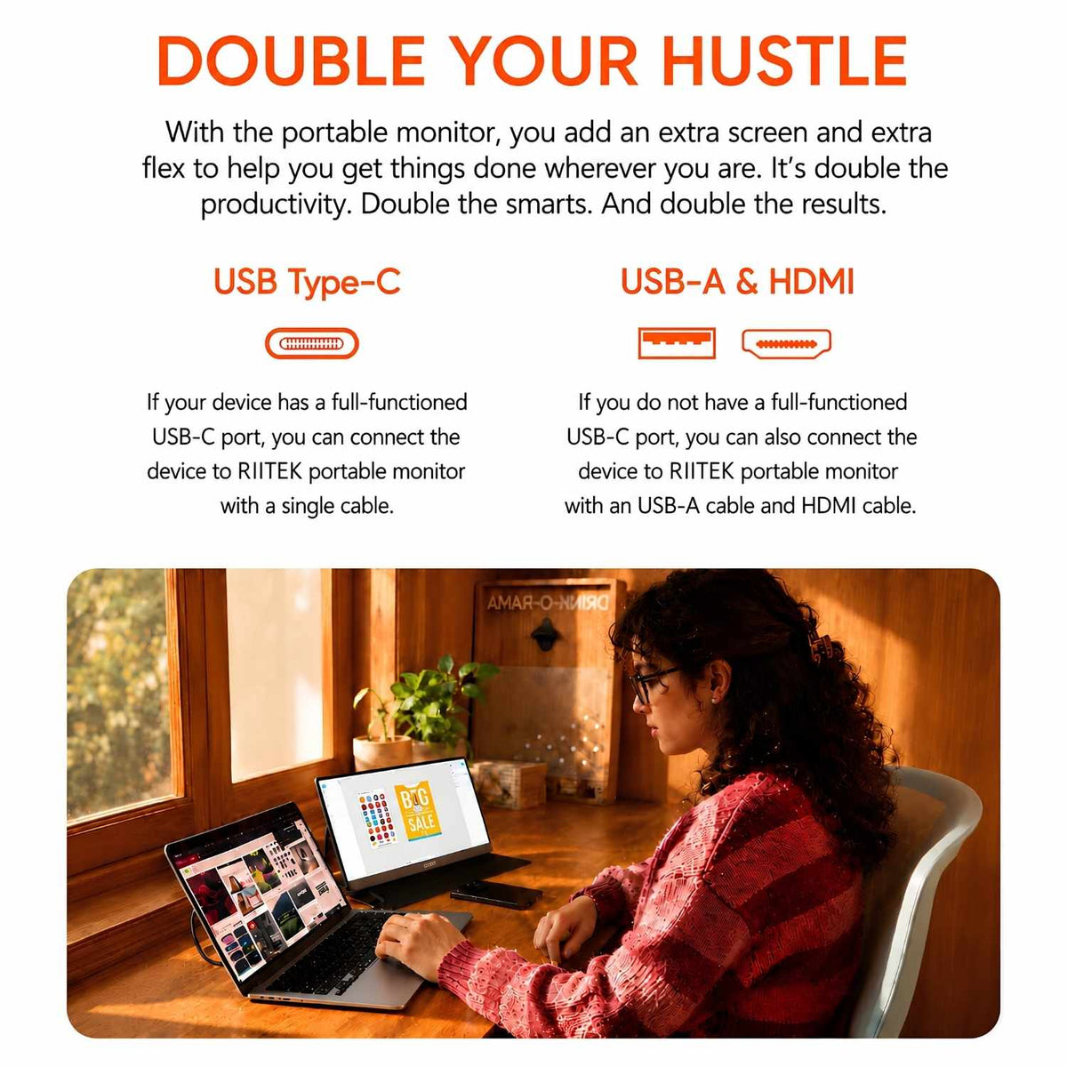 RIITEK touchscreen portable monitor connected via USB-C for work from home video call setup