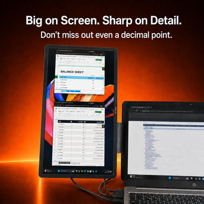RIITEK 15.6 inch tri monitor connected to laptop showing spreadsheet and balance sheet detail on Full HD display