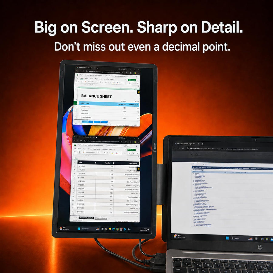 RIITEK 15.6 inch tri monitor connected to laptop showing spreadsheet and balance sheet detail on Full HD display