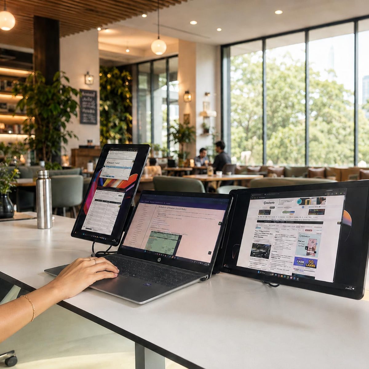 Professional using RIITEK 15.6 inch tri portable monitor for multitasking at a cafe workspace