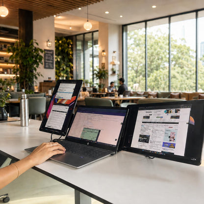 Professional using RIITEK 15.6 inch tri portable monitor for multitasking at a cafe workspace
