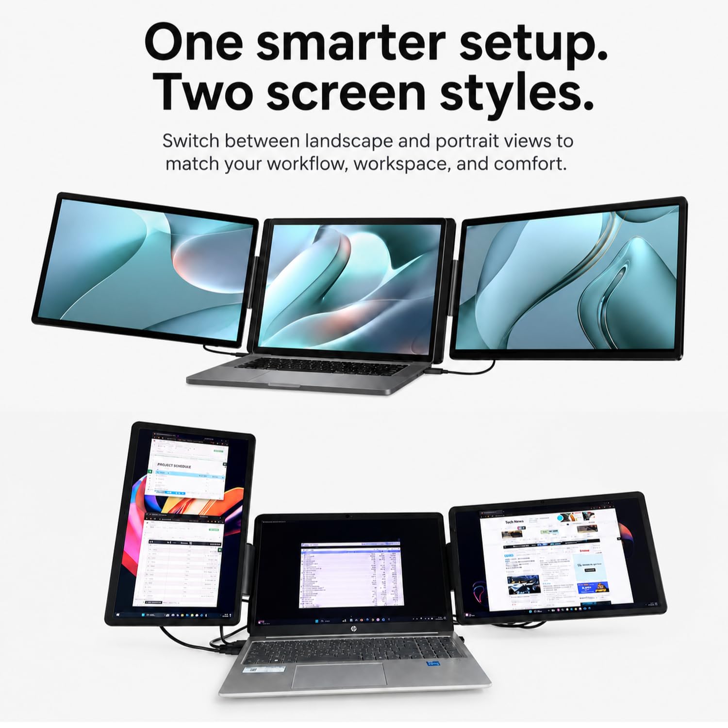 RIITEK 15.6 inch tri screen monitor shown in both portrait and landscape orientation for flexible laptop workflows