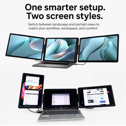 RIITEK 15.6 inch tri screen monitor shown in both portrait and landscape orientation for flexible laptop workflows