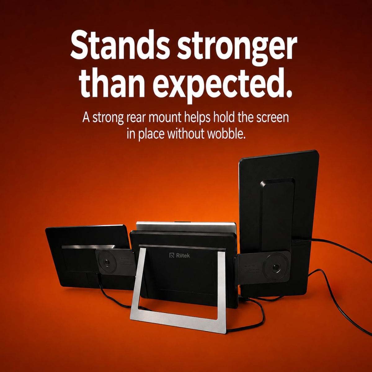 RIITEK 15.6 inch portable monitor reinforced mount design keeping tri screen laptop setup stable without wobble