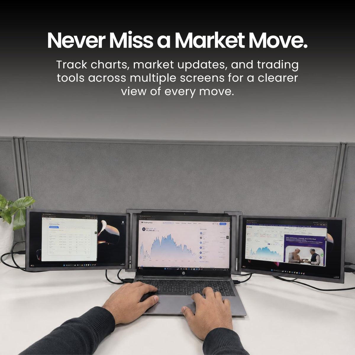 Professional using RIITEK 14 inch tri portable monitor for tracking trading charts across three laptop screens