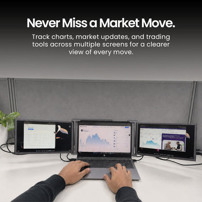 Professional using RIITEK 14 inch tri portable monitor for tracking trading charts across three laptop screens